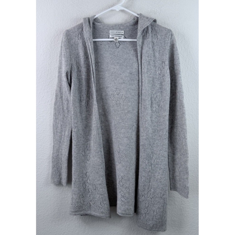 Max Studio 100% Cashmere Cardigan M Gray Hooded Open Front Pointelle Long Cozy